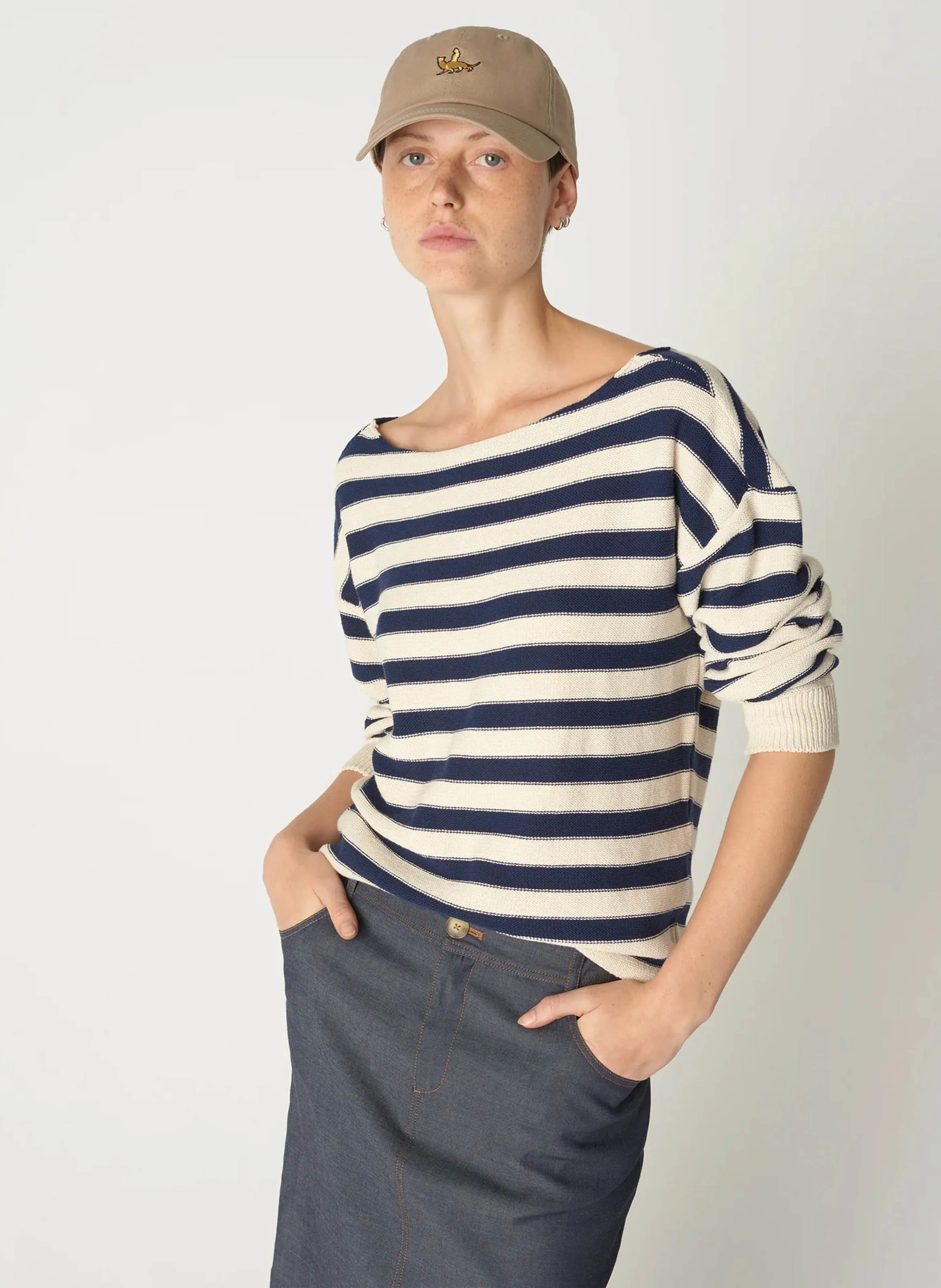 ACOTE Jersey de mezcla de algodón a rayas con cuello barco en azul