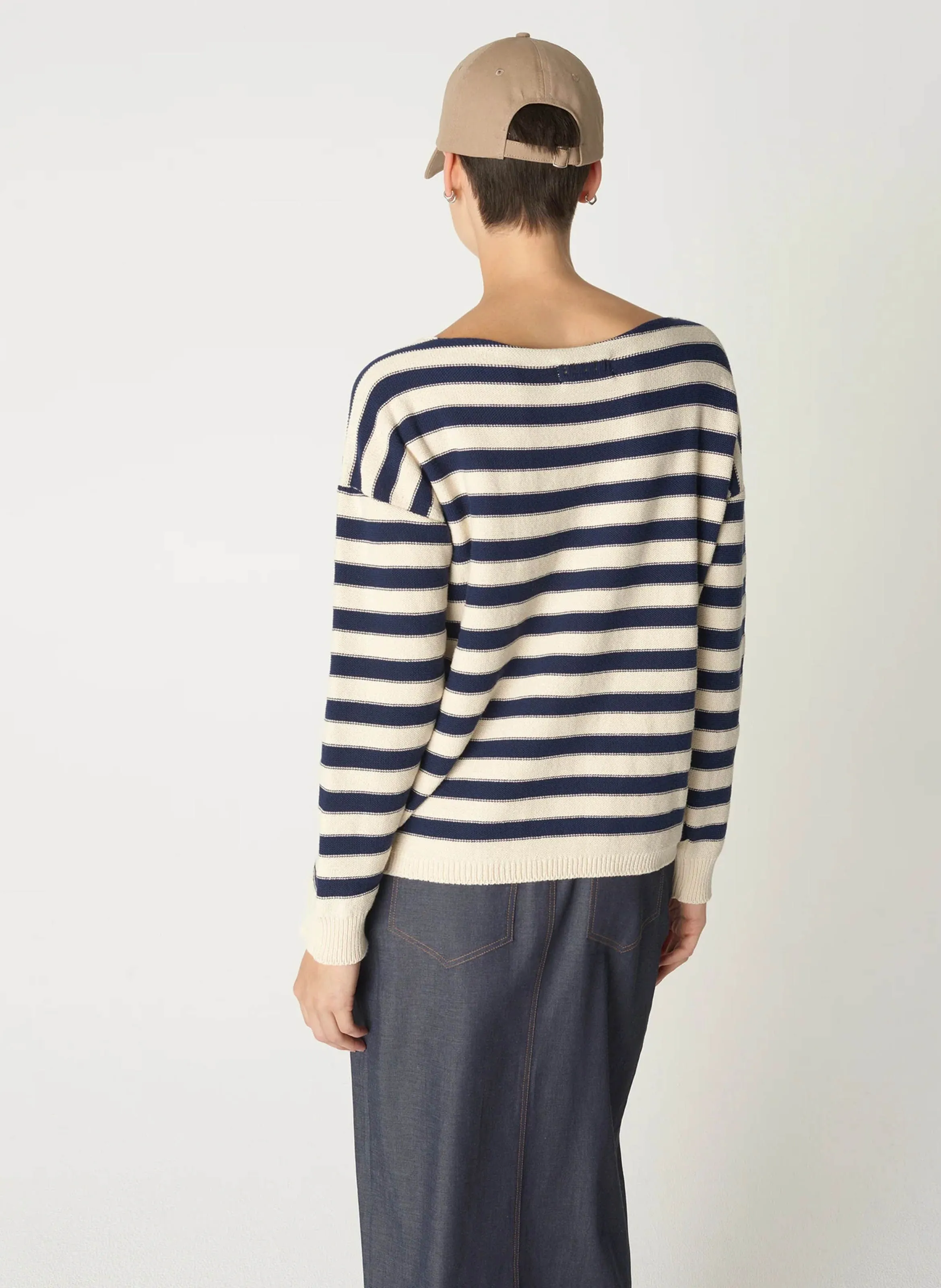 ACOTE Jersey de mezcla de algodón a rayas con cuello barco en azul