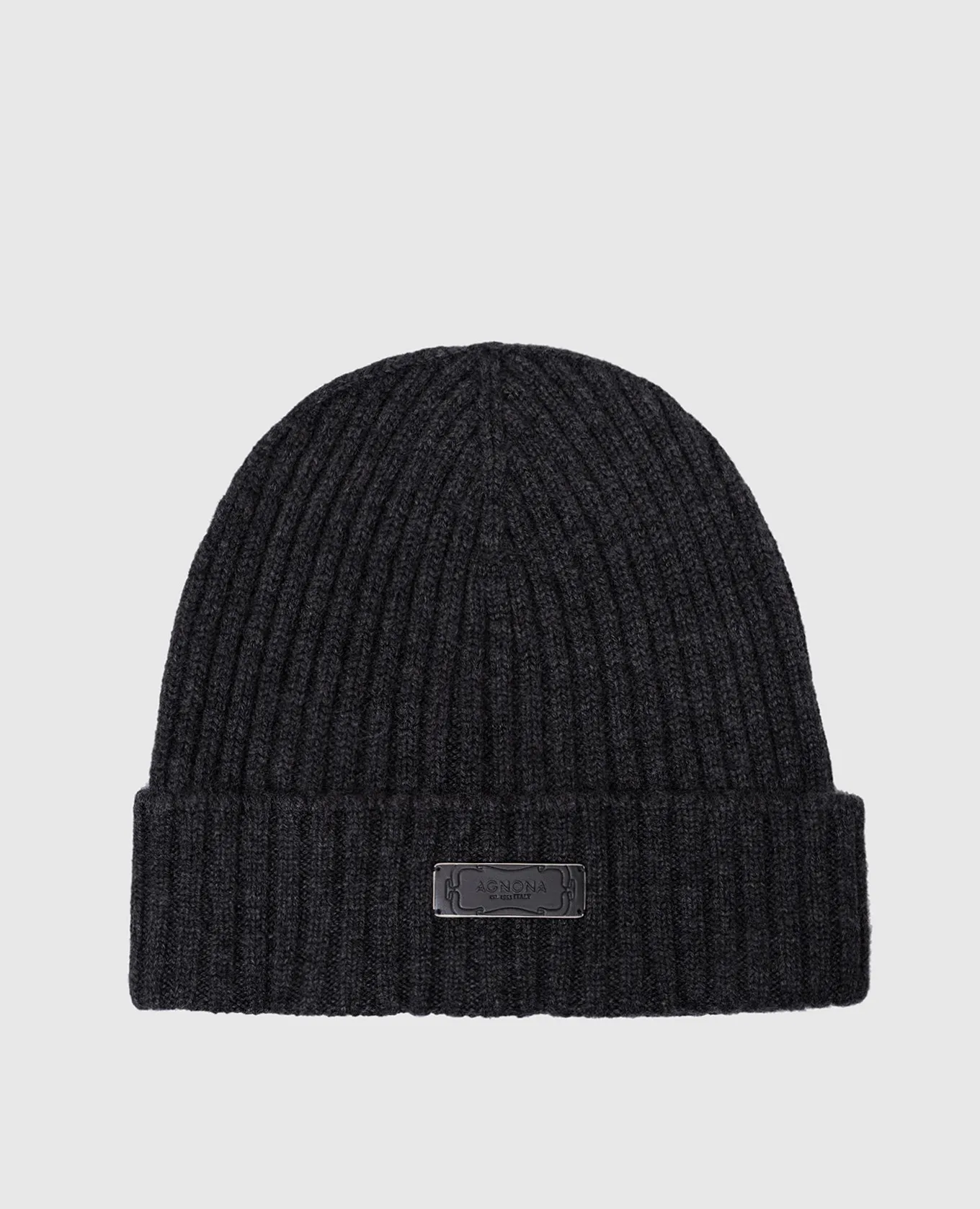 Agnona Gray ribbed cashmere cap with logo patch