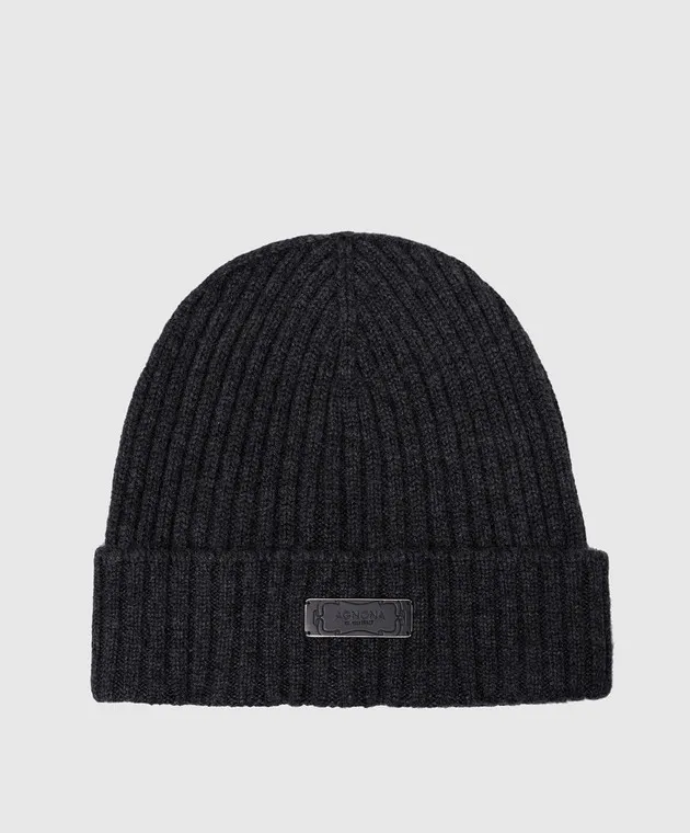 Agnona Gray ribbed cashmere cap with logo patch