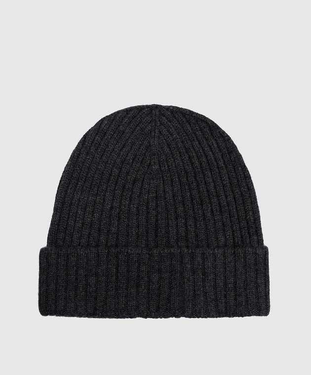 Agnona Gray ribbed cashmere cap with logo patch