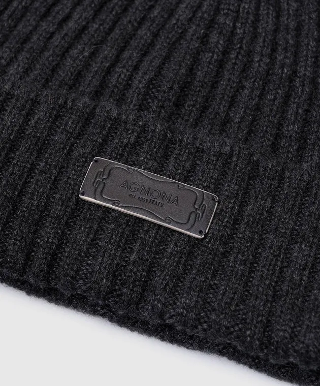 Agnona Gray ribbed cashmere cap with logo patch