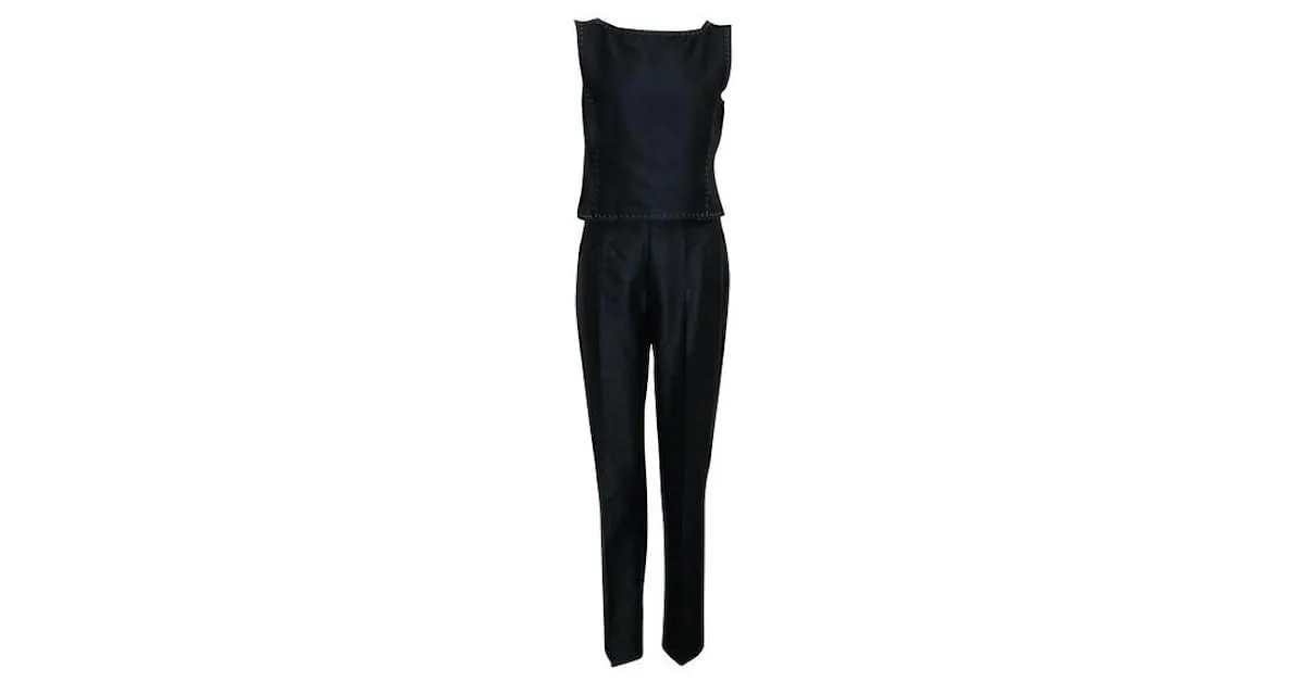 Alberta Ferretti Conjunto de pantalón azul marino con costuras color crema 