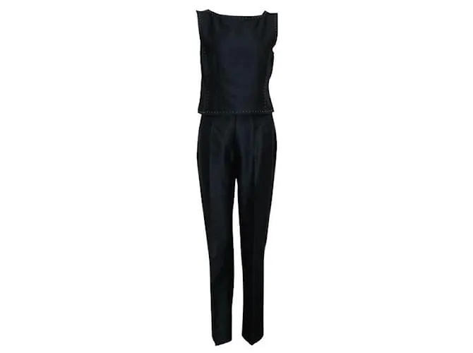 Alberta Ferretti Conjunto de pantalón azul marino con costuras color crema 