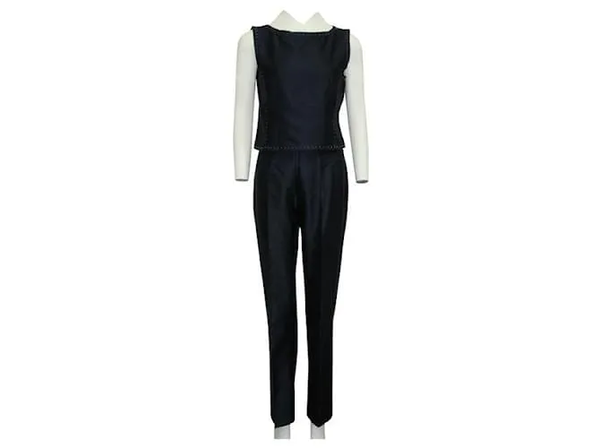 Alberta Ferretti Conjunto de pantalón azul marino con costuras color crema 