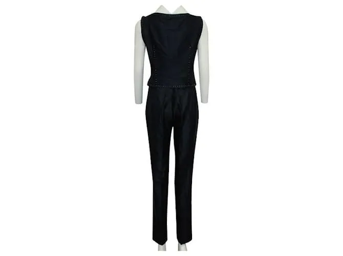Alberta Ferretti Conjunto de pantalón azul marino con costuras color crema 