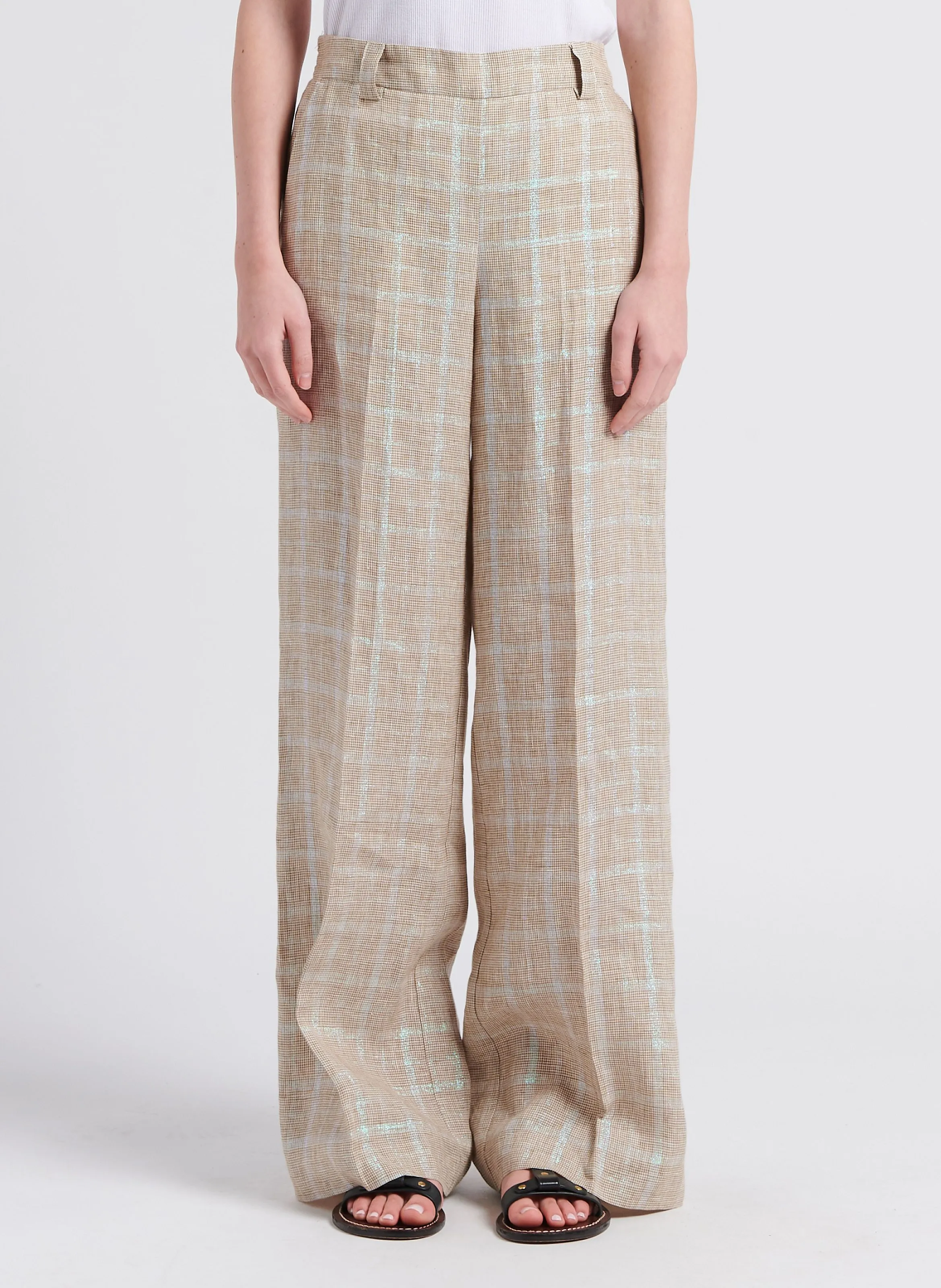 ATTIC AND BARN PUEBLO  PANTALóN ANCHO DE CUADROS DE TALLE ALTO EN BEIGE