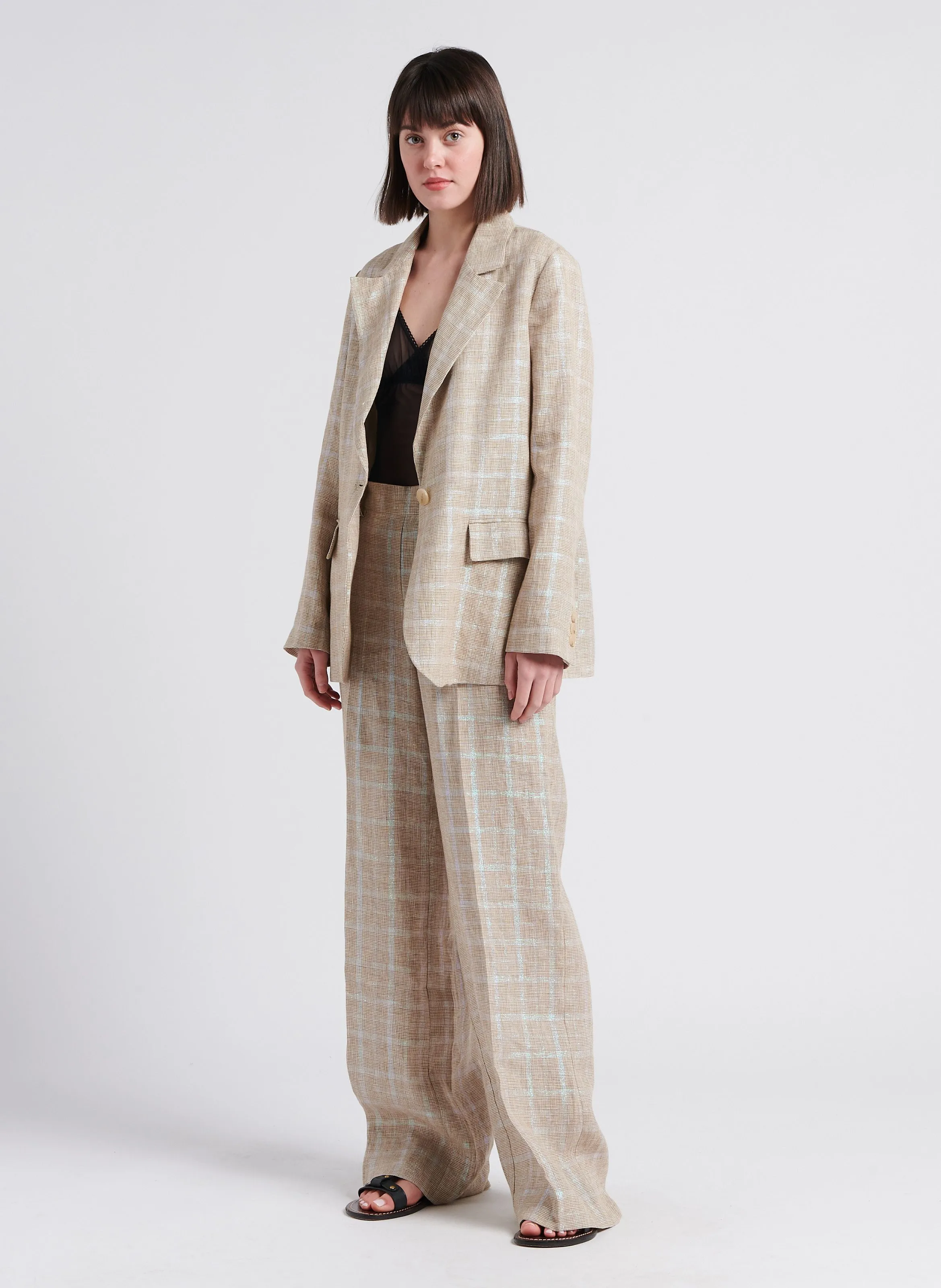 ATTIC AND BARN PUEBLO  PANTALóN ANCHO DE CUADROS DE TALLE ALTO EN BEIGE
