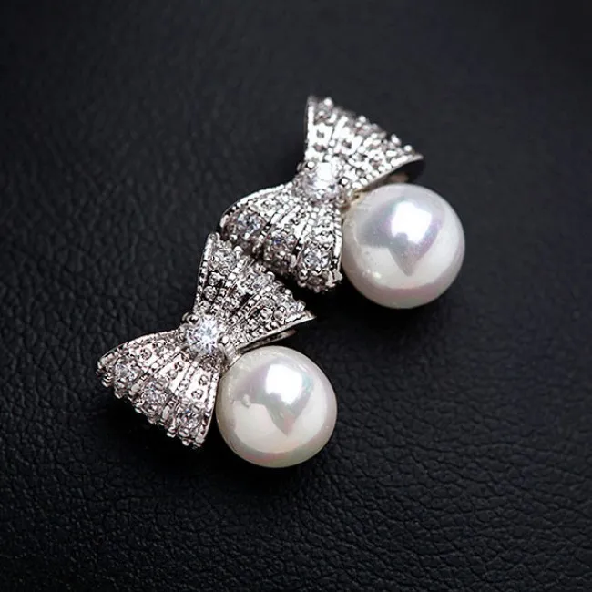 Beautiful Luxury Zircon Pearl Bow Stud Earrings 