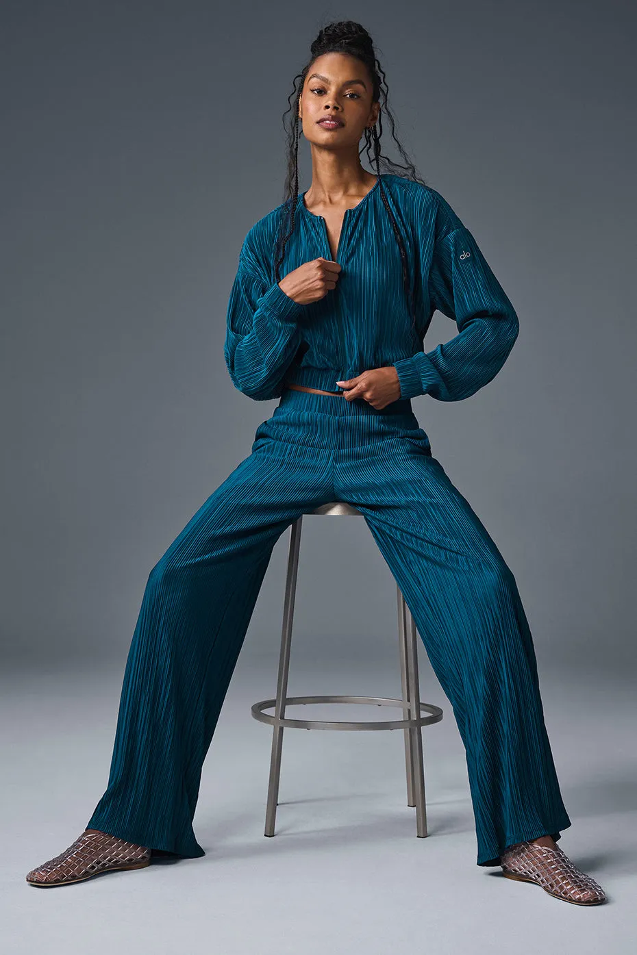 HIGHWAIST MICRO PLISSE STRAIGHT LEG PANT  ECLIPSE BLUE