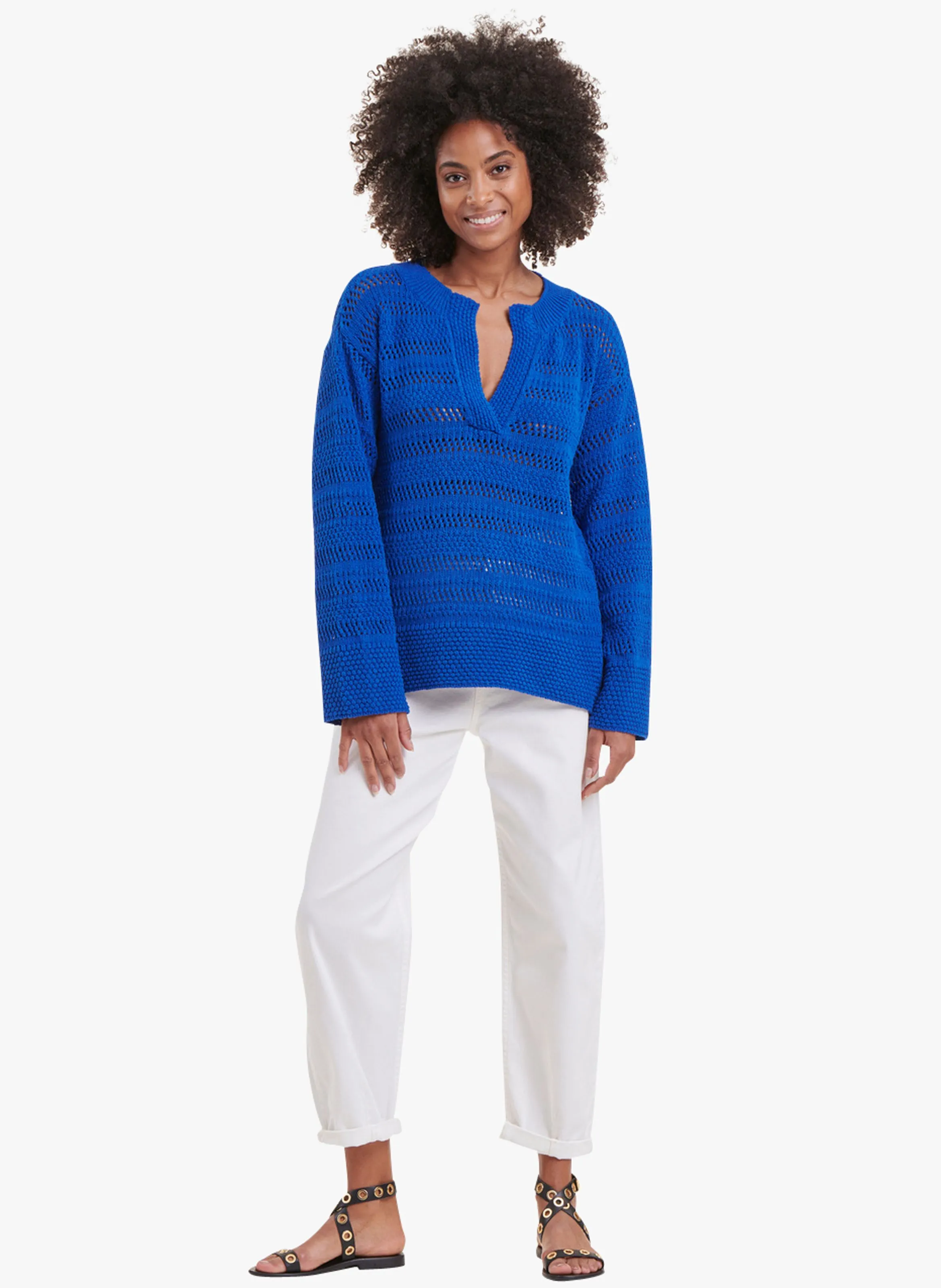 LA FEE MARABOUTEE Jersey holgado de punto calado y mezcla de algodón reciclado en azul