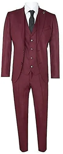 Mens 3 Piece Plain Wine Classic Tailored Fit Suit