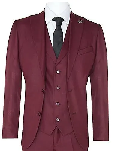 Mens 3 Piece Plain Wine Classic Tailored Fit Suit
