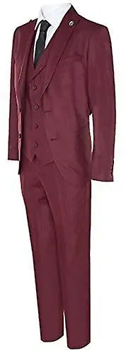 Mens 3 Piece Plain Wine Classic Tailored Fit Suit