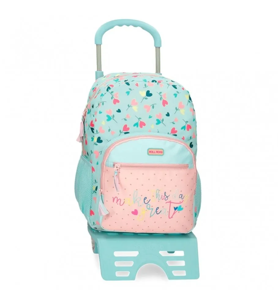 Mochila Escolar Roll Road Queen of hearts con carro 40 cm turquesa, rosa