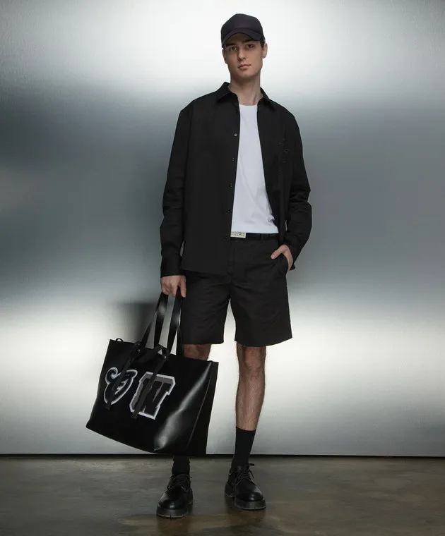OFFWHITE BLACK SHIRT WITH OPENWORK LOGO EMBROIDERY