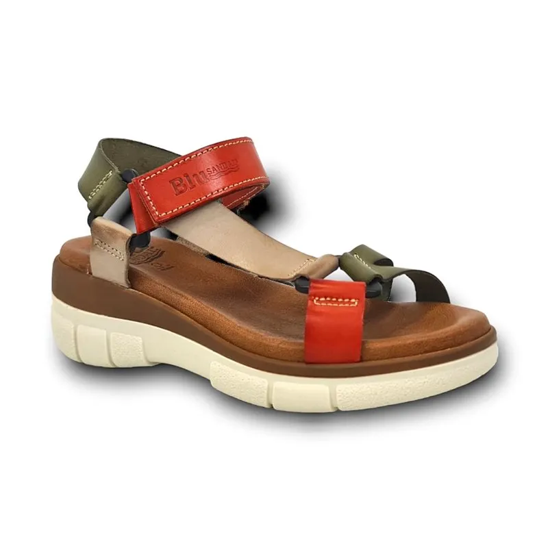 Sandalias Cuña Mujer Piel Velcro Plantilla Acolchada 54322 Verde, de Blusandal