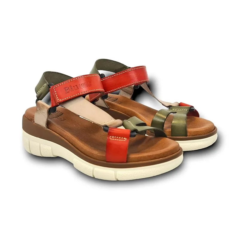 Sandalias Cuña Mujer Piel Velcro Plantilla Acolchada 54322 Verde, de Blusandal