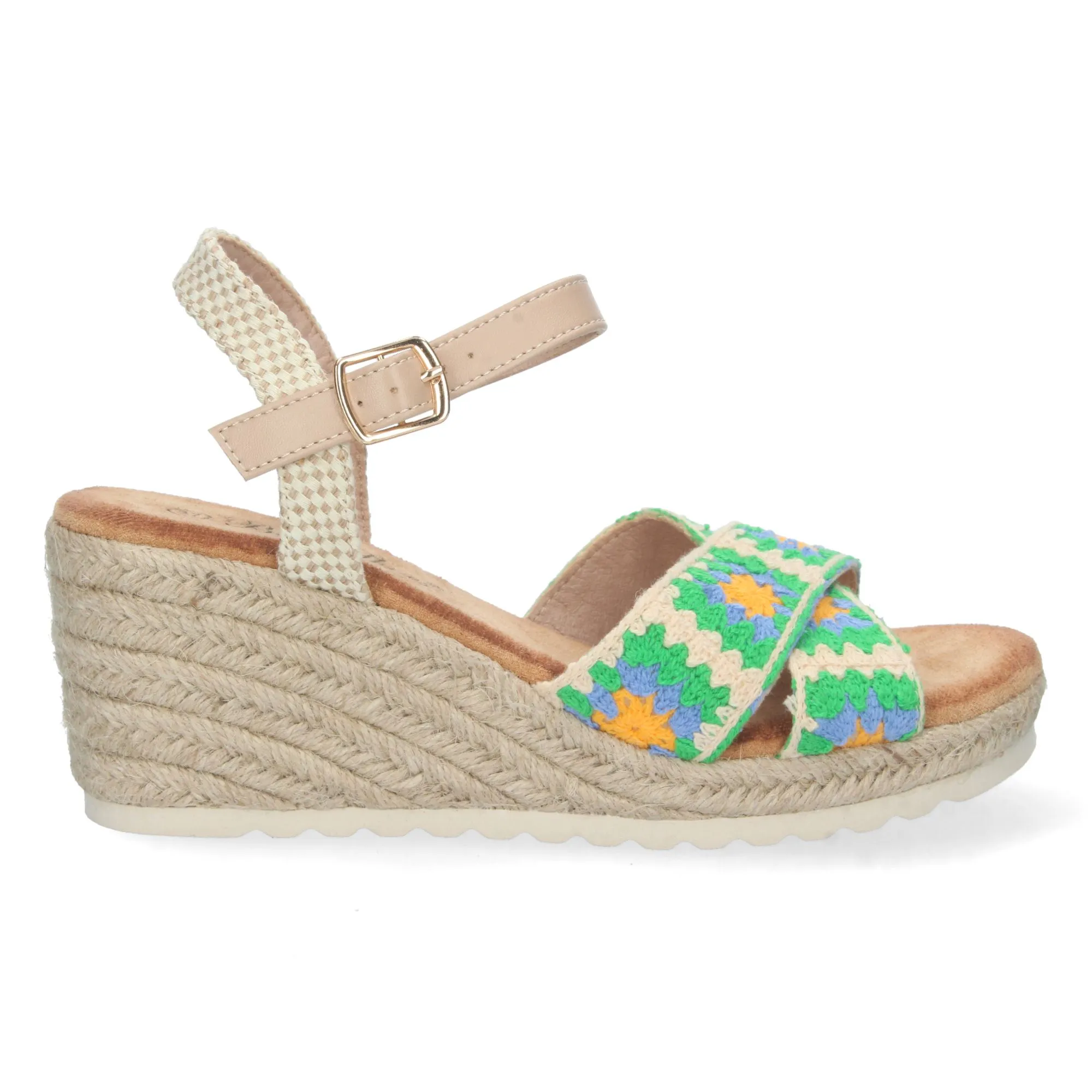 Sandalias de cuña en yute pala cruzada crochet mujer verde