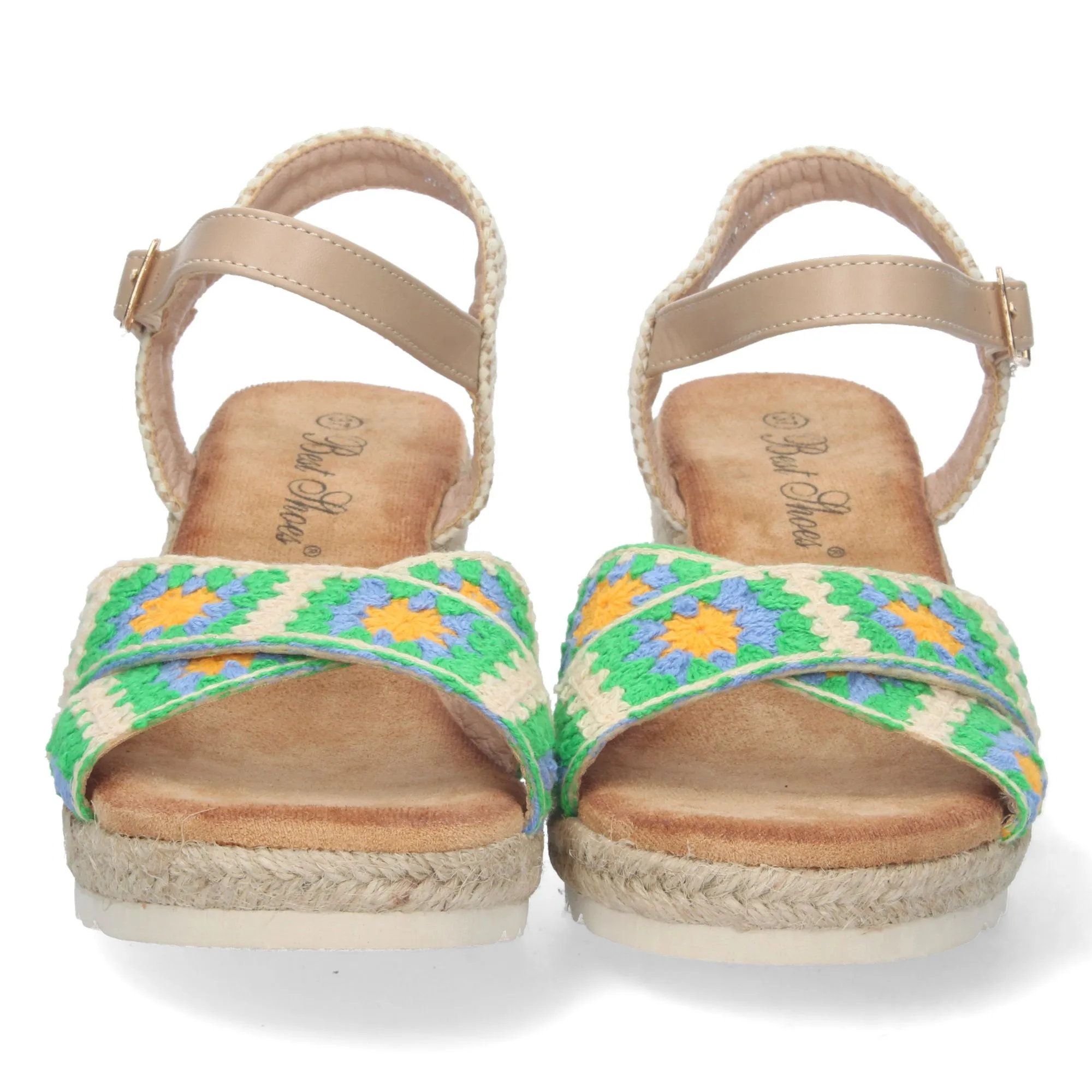 Sandalias de cuña en yute pala cruzada crochet mujer verde