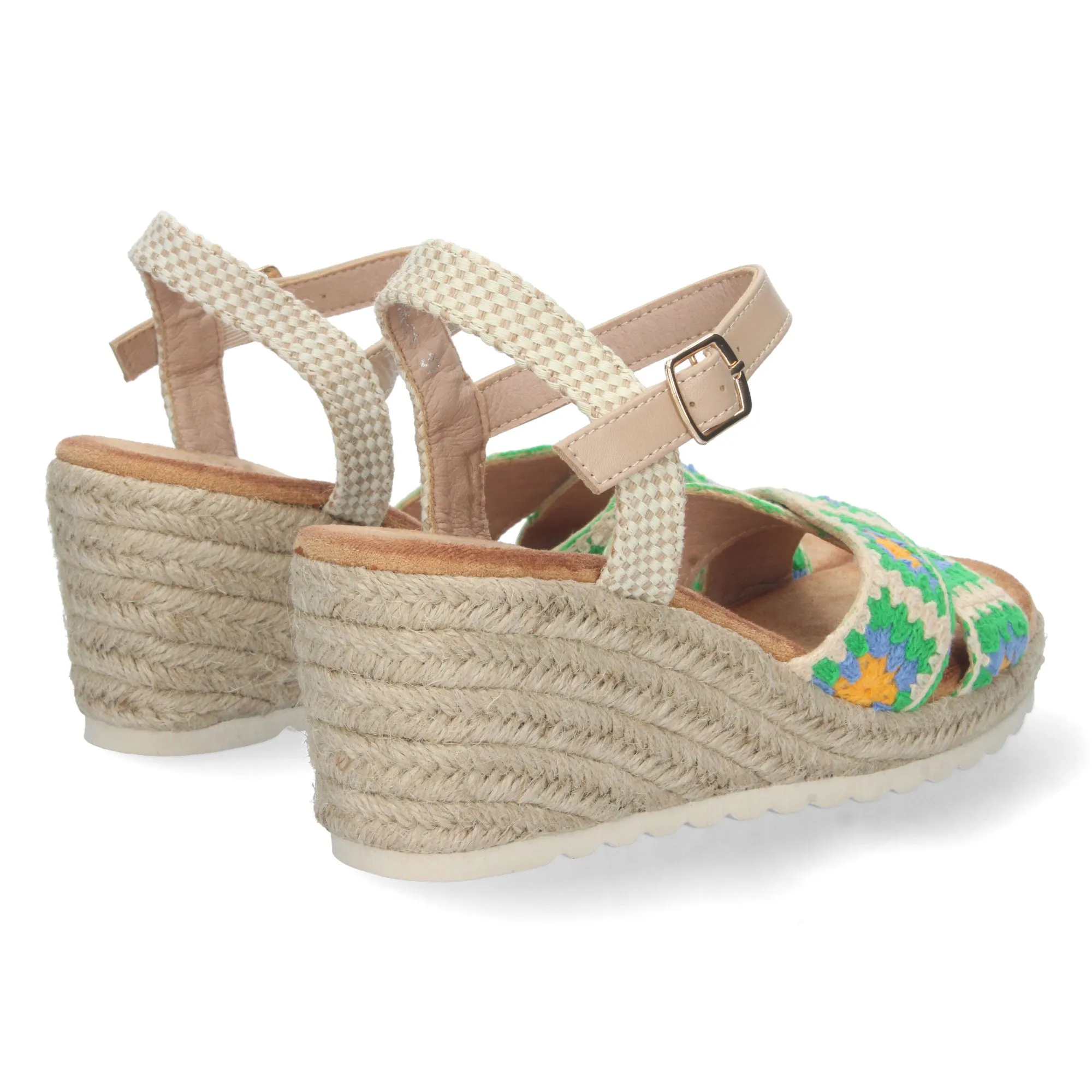 Sandalias de cuña en yute pala cruzada crochet mujer verde