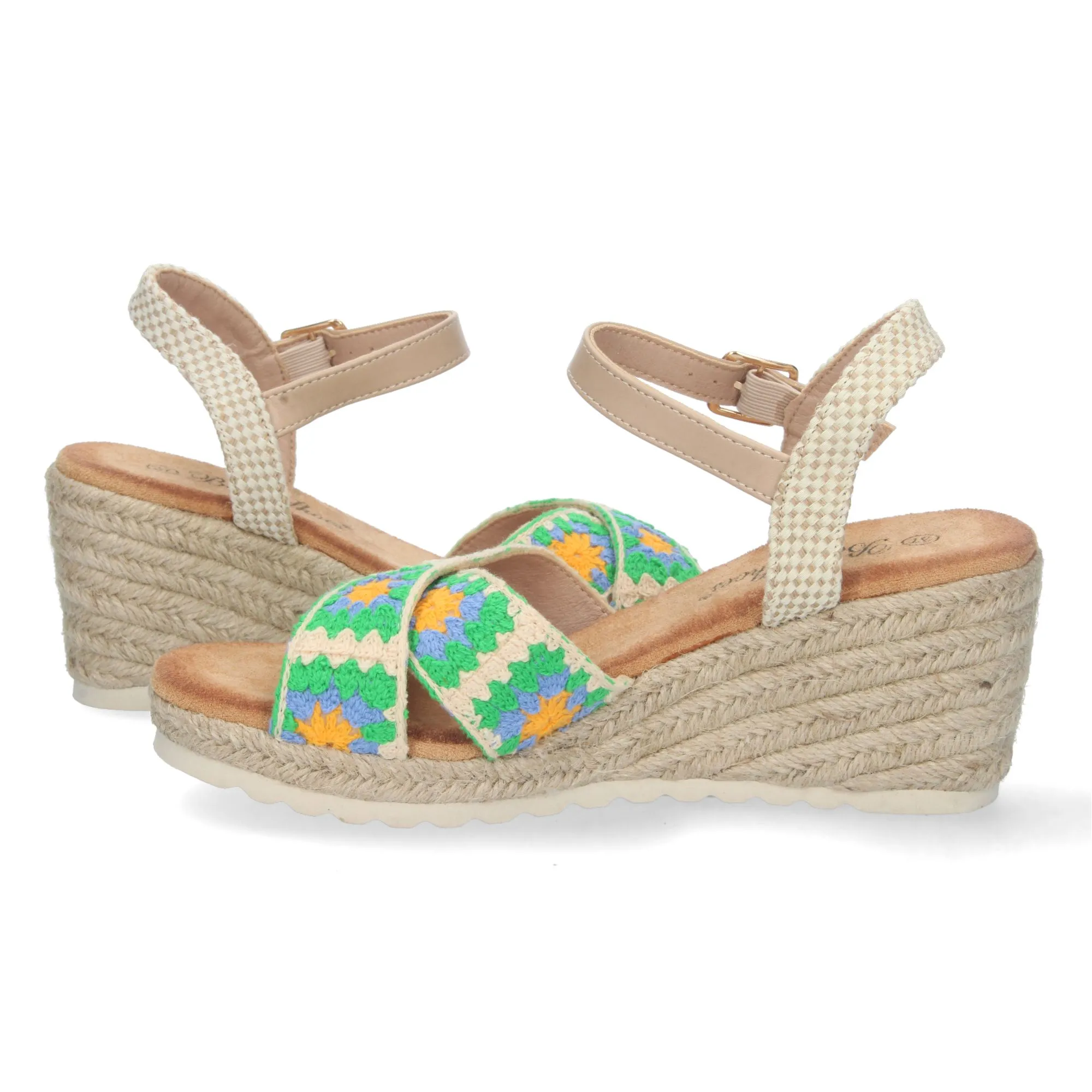 Sandalias de cuña en yute pala cruzada crochet mujer verde