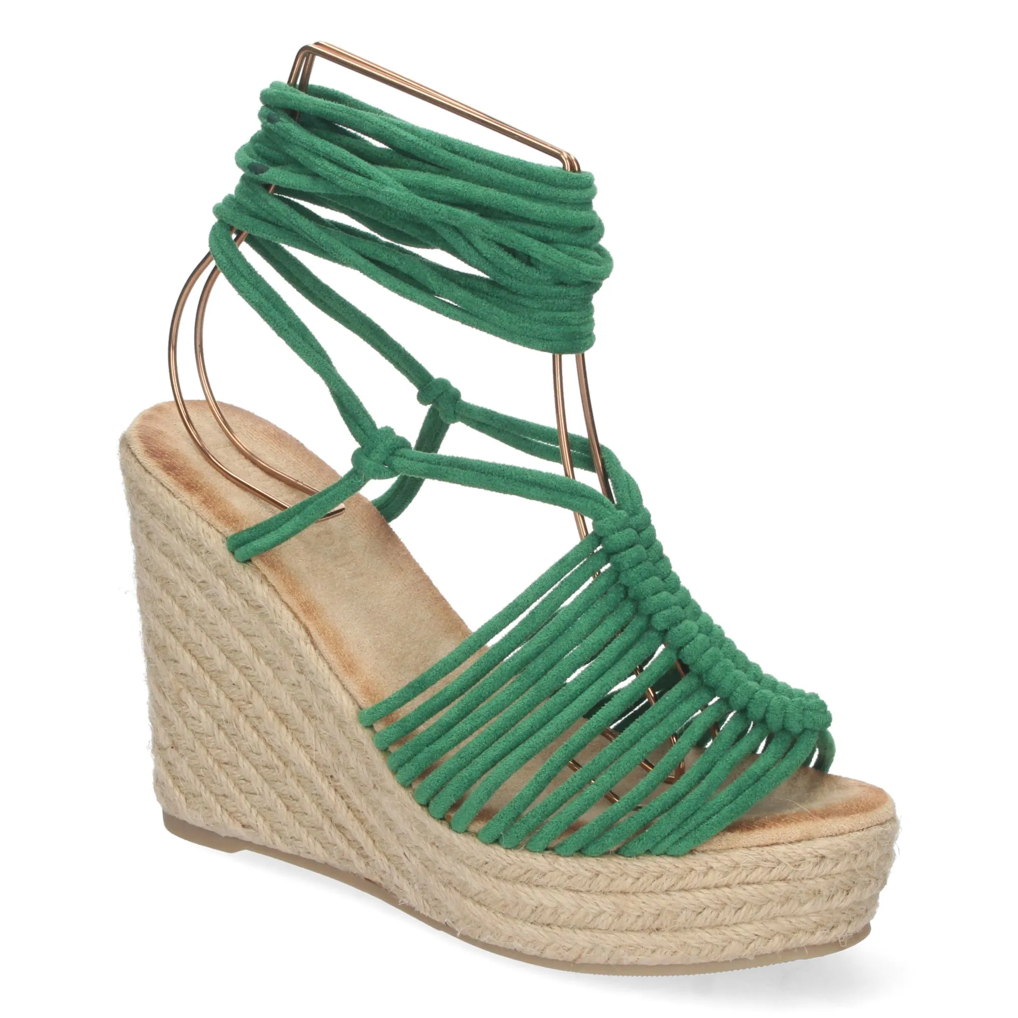 Sandalias de cuña forrada de yute diseño tiras color verde