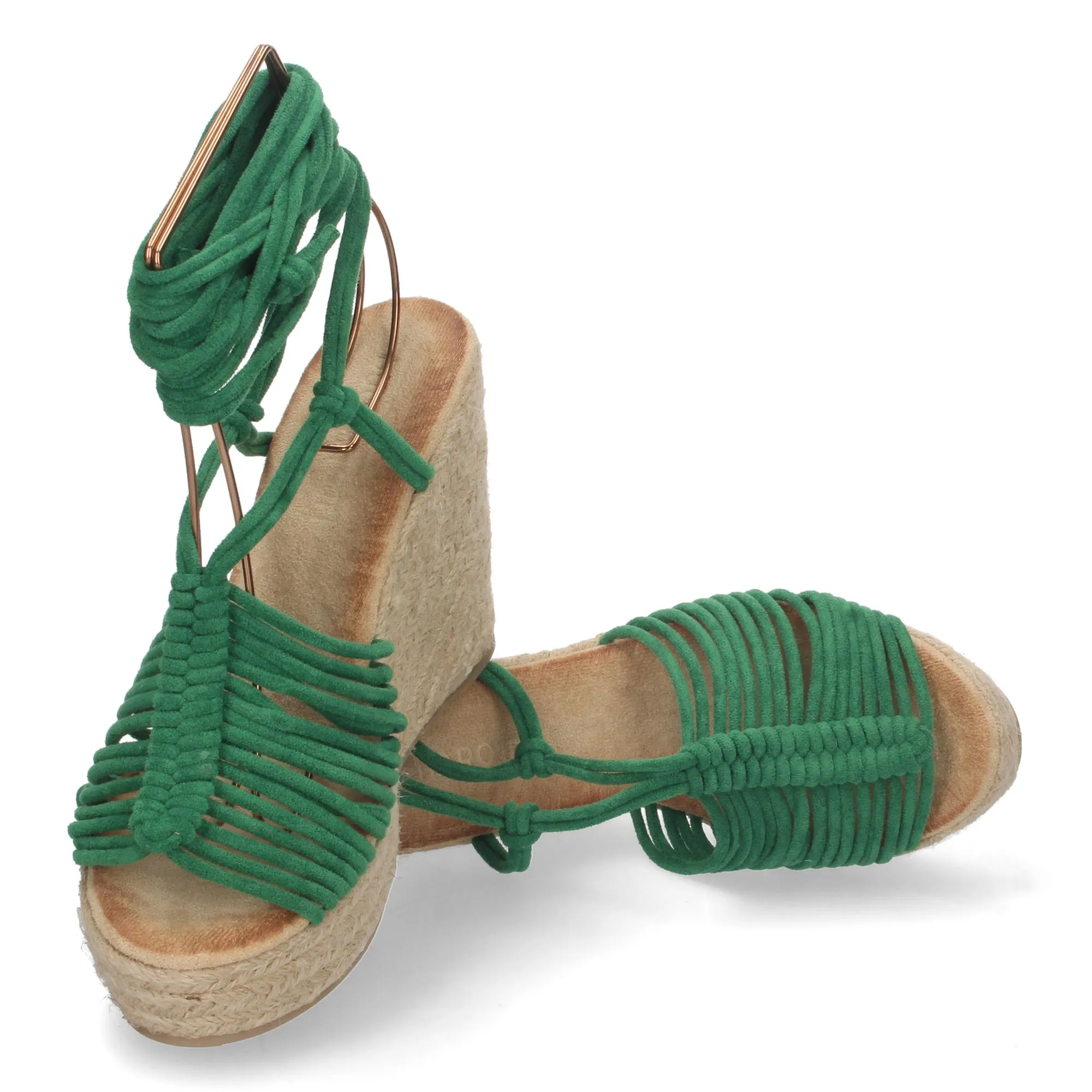 Sandalias de cuña forrada de yute diseño tiras color verde