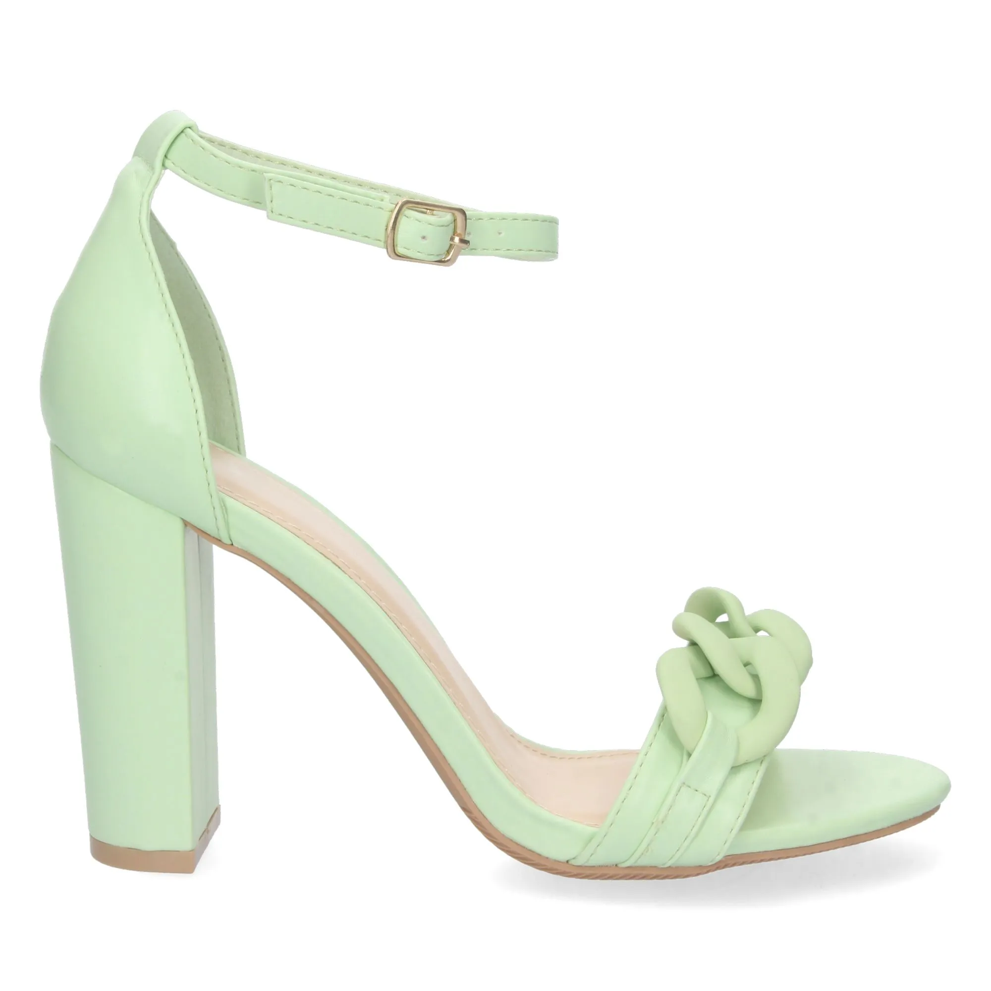 Sandalias de tacon medio pala detalle cadena verde