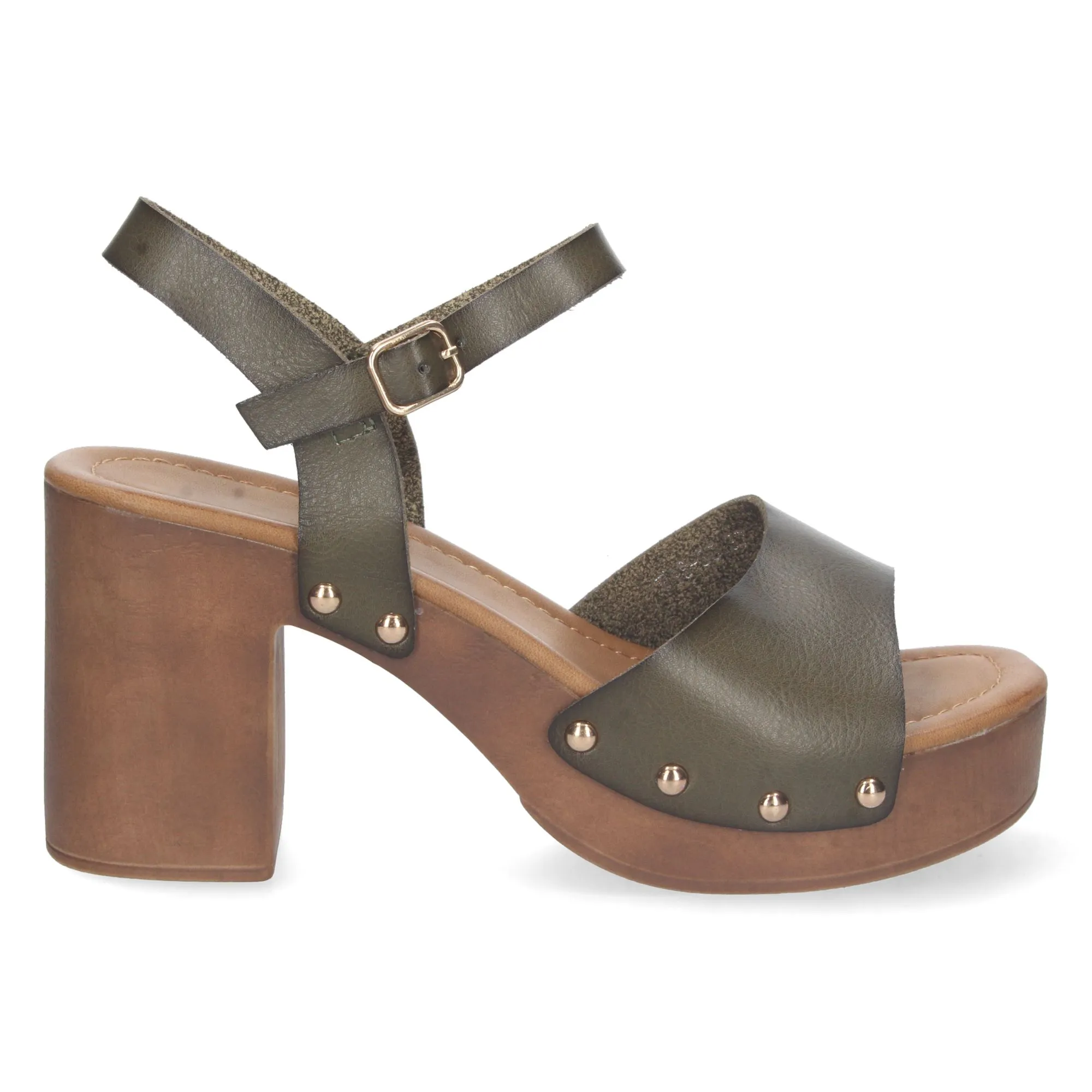 Sandalias de tacón estilo zuecos hebilla mujer color verde