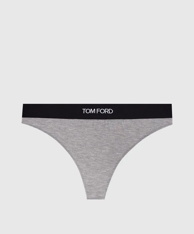Tom Ford Gray melange thong briefs with logo pattern