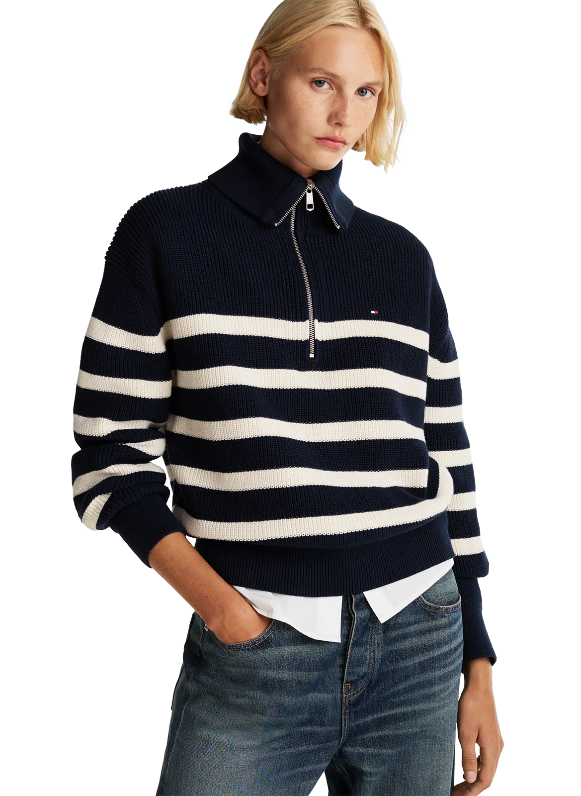 TOMMY HILFIGER Jersey con cuello alto y cremallera en algodón orgánico mezclado en azul