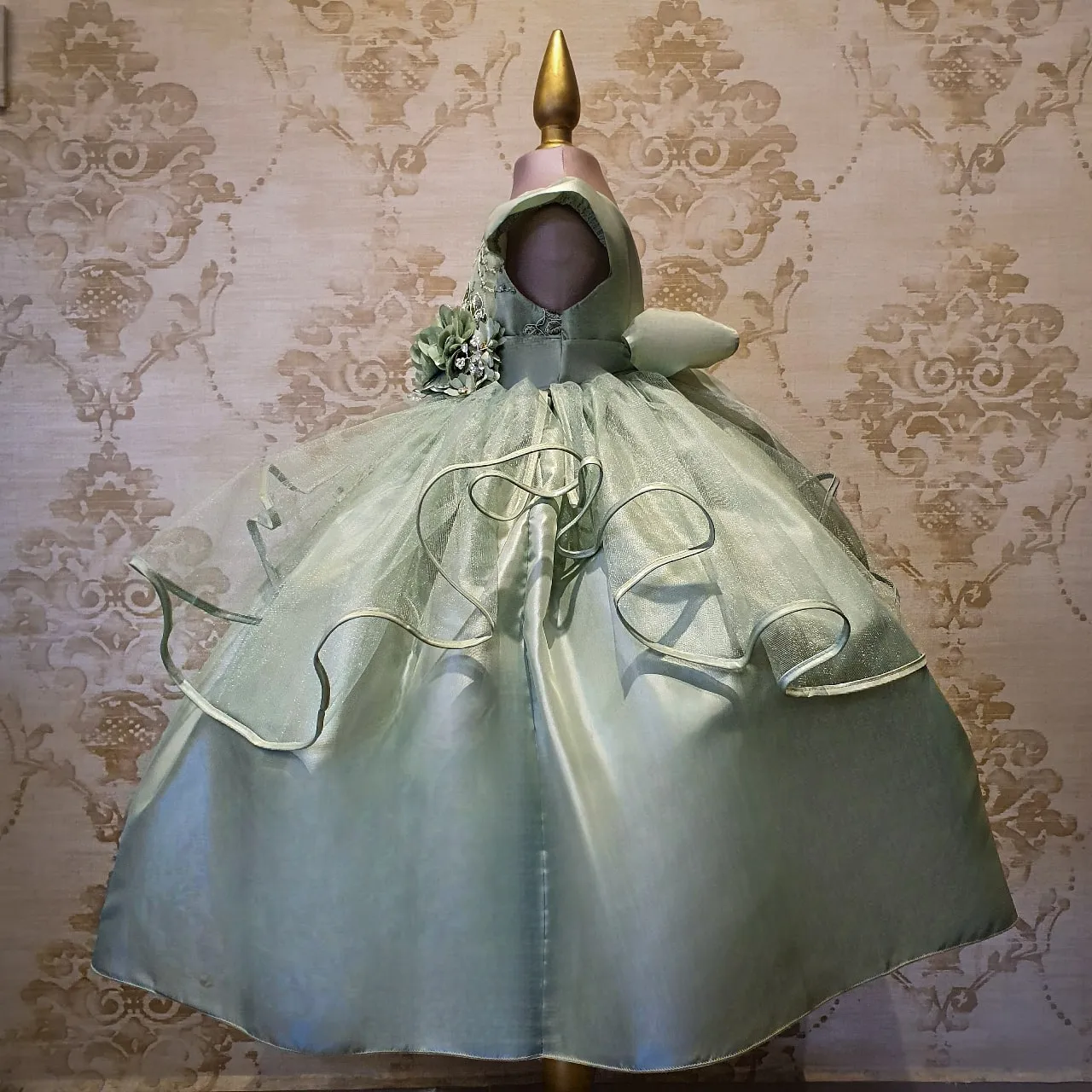 Vestido de Niña Fiesta Verde Olivo Encaje Bordado con Flor Talla 2 a 8 años