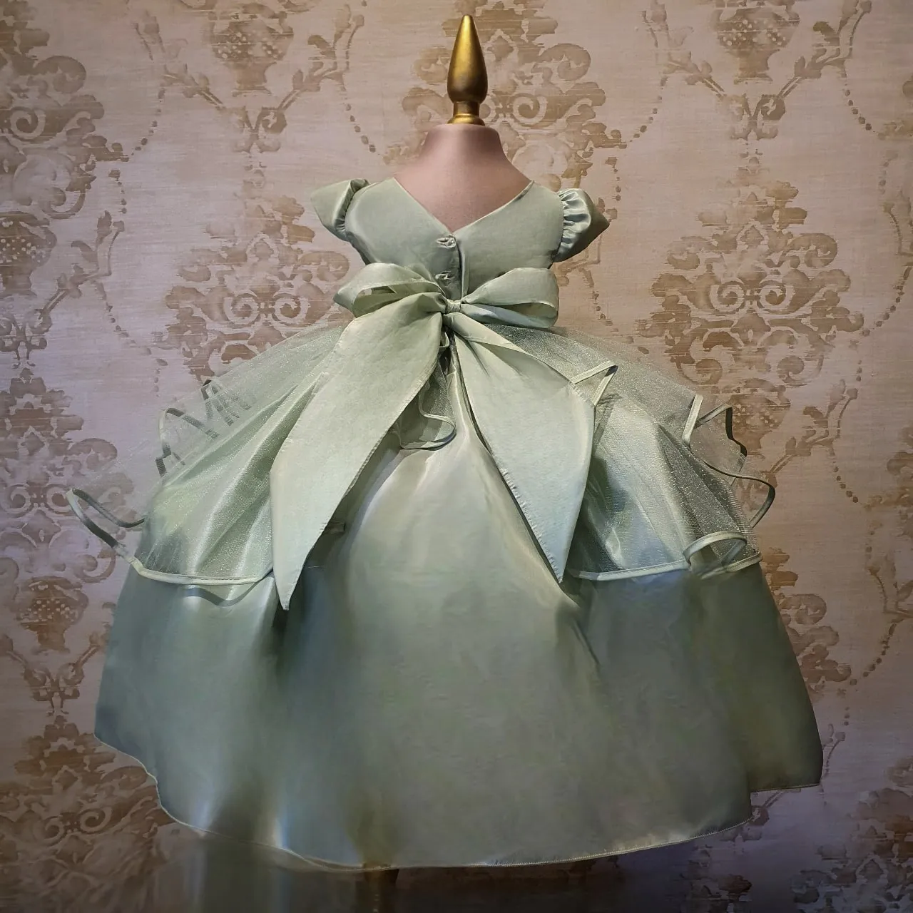 Vestido de Niña Fiesta Verde Olivo Encaje Bordado con Flor Talla 2 a 8 años