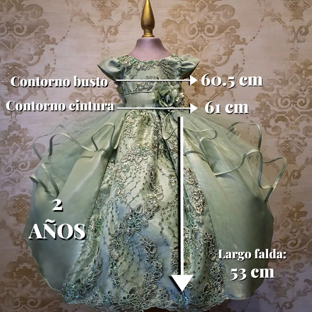 Vestido de Niña Fiesta Verde Olivo Encaje Bordado con Flor Talla 2 a 8 años