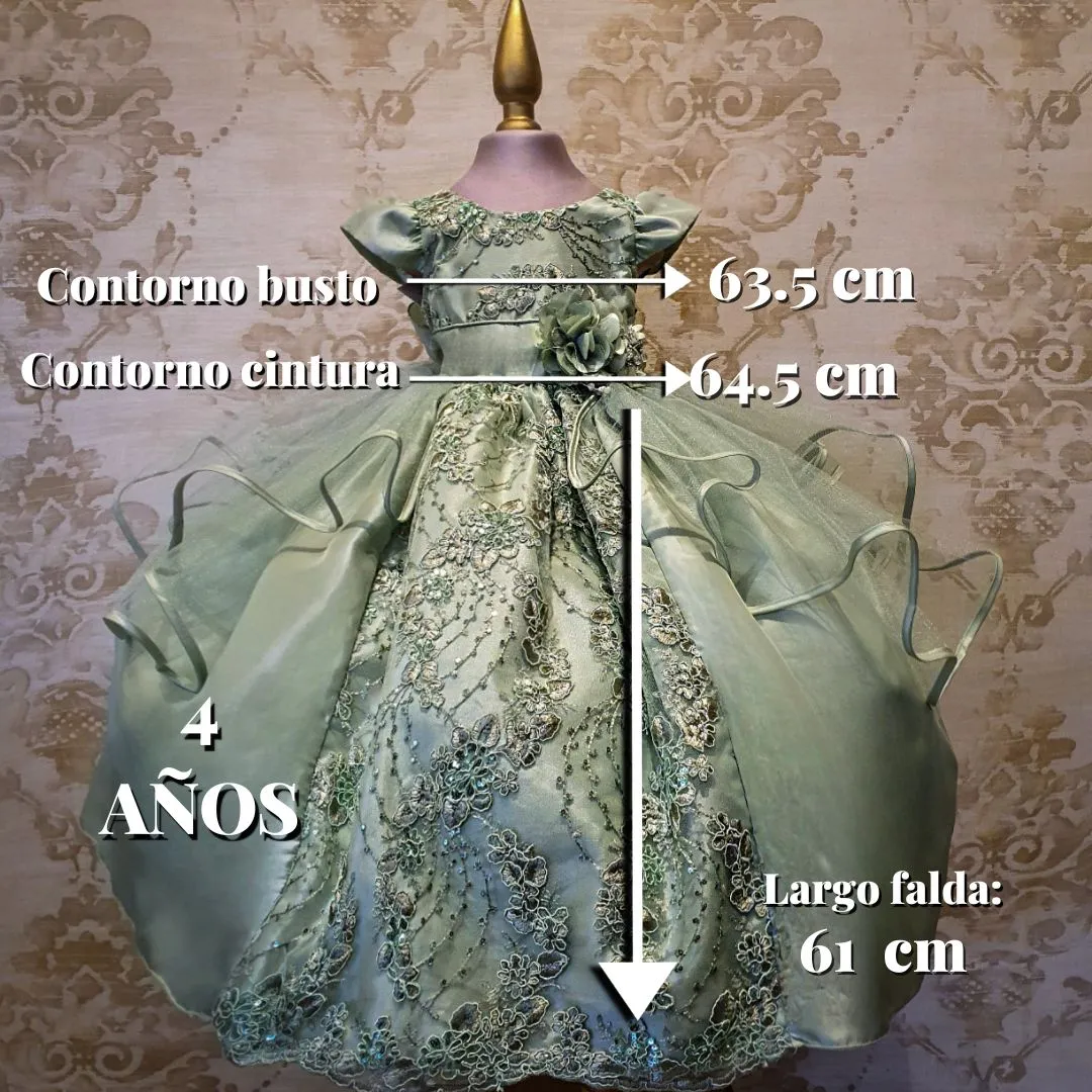 Vestido de Niña Fiesta Verde Olivo Encaje Bordado con Flor Talla 2 a 8 años