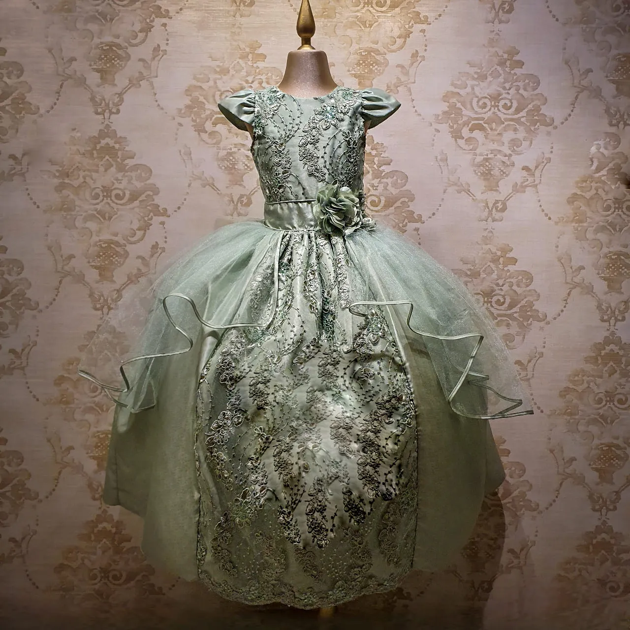 Vestido de Niña Fiesta Verde Olivo Encaje Bordado con Flor Tallas 10 a 12 Años
