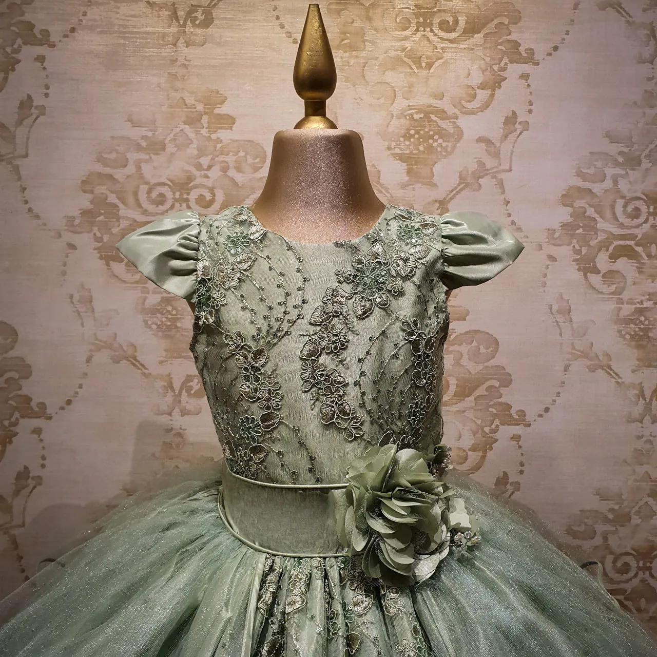 Vestido de Niña Fiesta Verde Olivo Encaje Bordado con Flor Tallas 10 a 12 Años