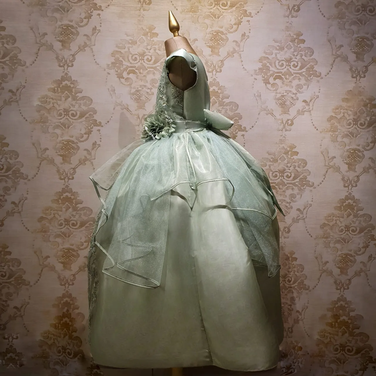 Vestido de Niña Fiesta Verde Olivo Encaje Bordado con Flor Tallas 10 a 12 Años