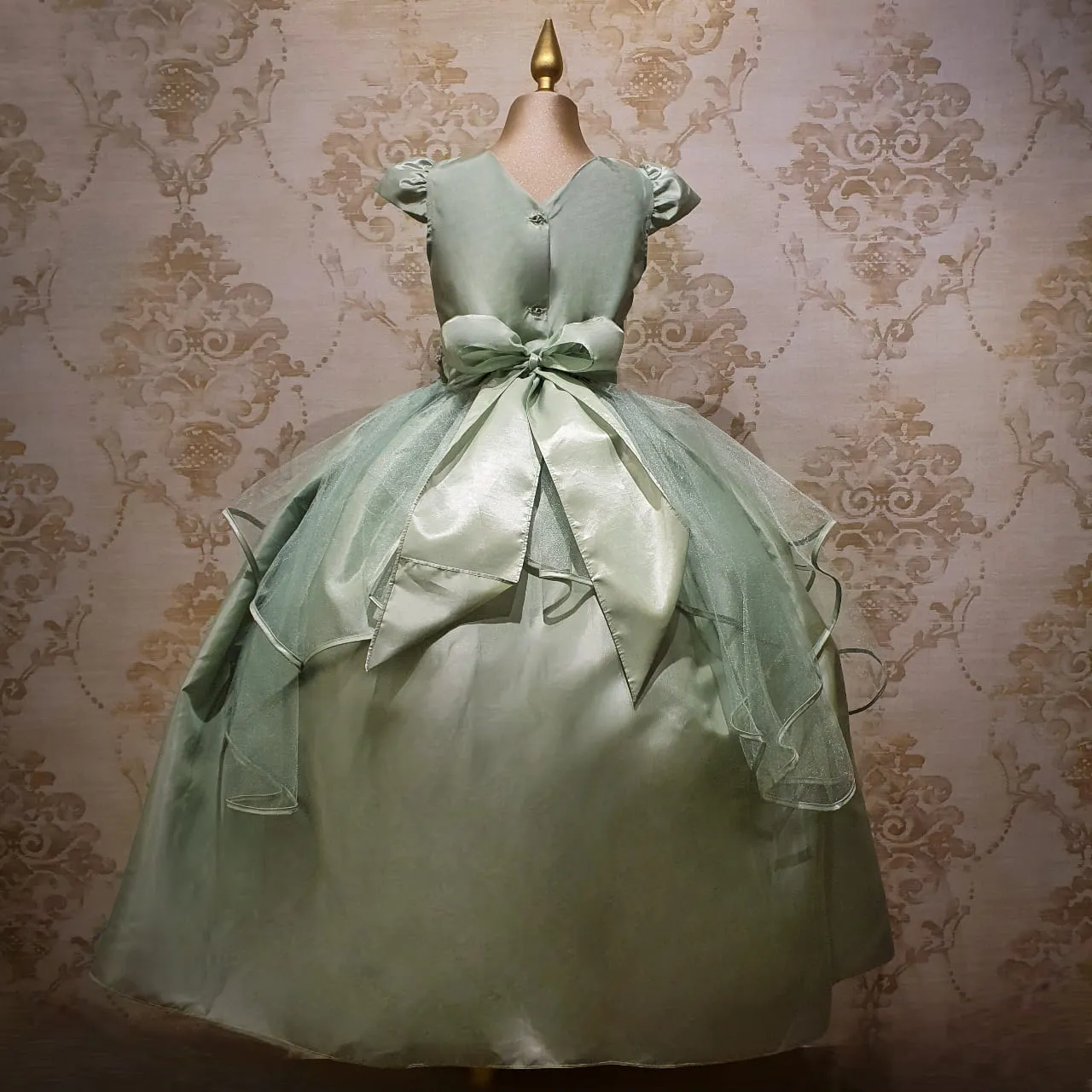 Vestido de Niña Fiesta Verde Olivo Encaje Bordado con Flor Tallas 10 a 12 Años