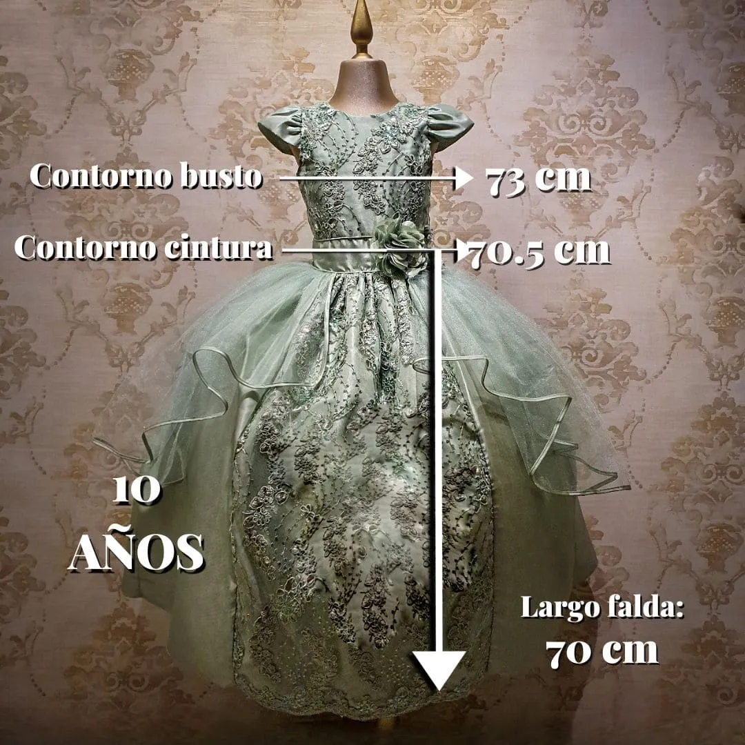 Vestido de Niña Fiesta Verde Olivo Encaje Bordado con Flor Tallas 10 a 12 Años