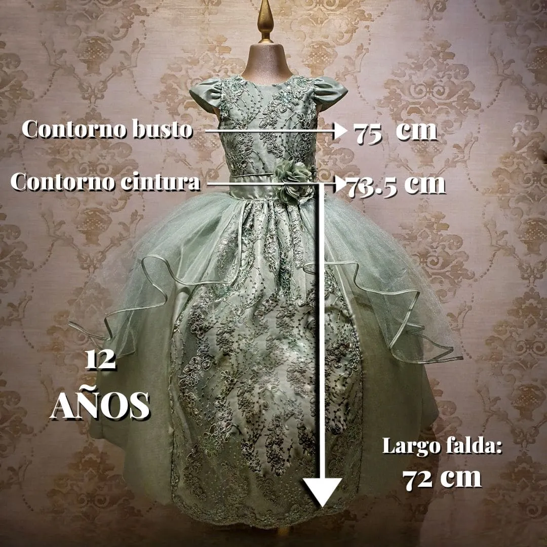 Vestido de Niña Fiesta Verde Olivo Encaje Bordado con Flor Tallas 10 a 12 Años