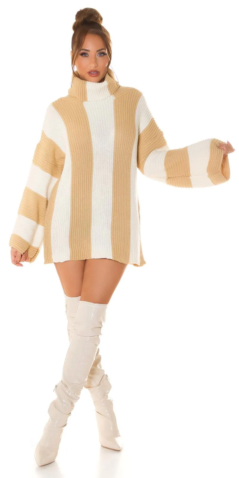 Vestido punto rayas verticales beige