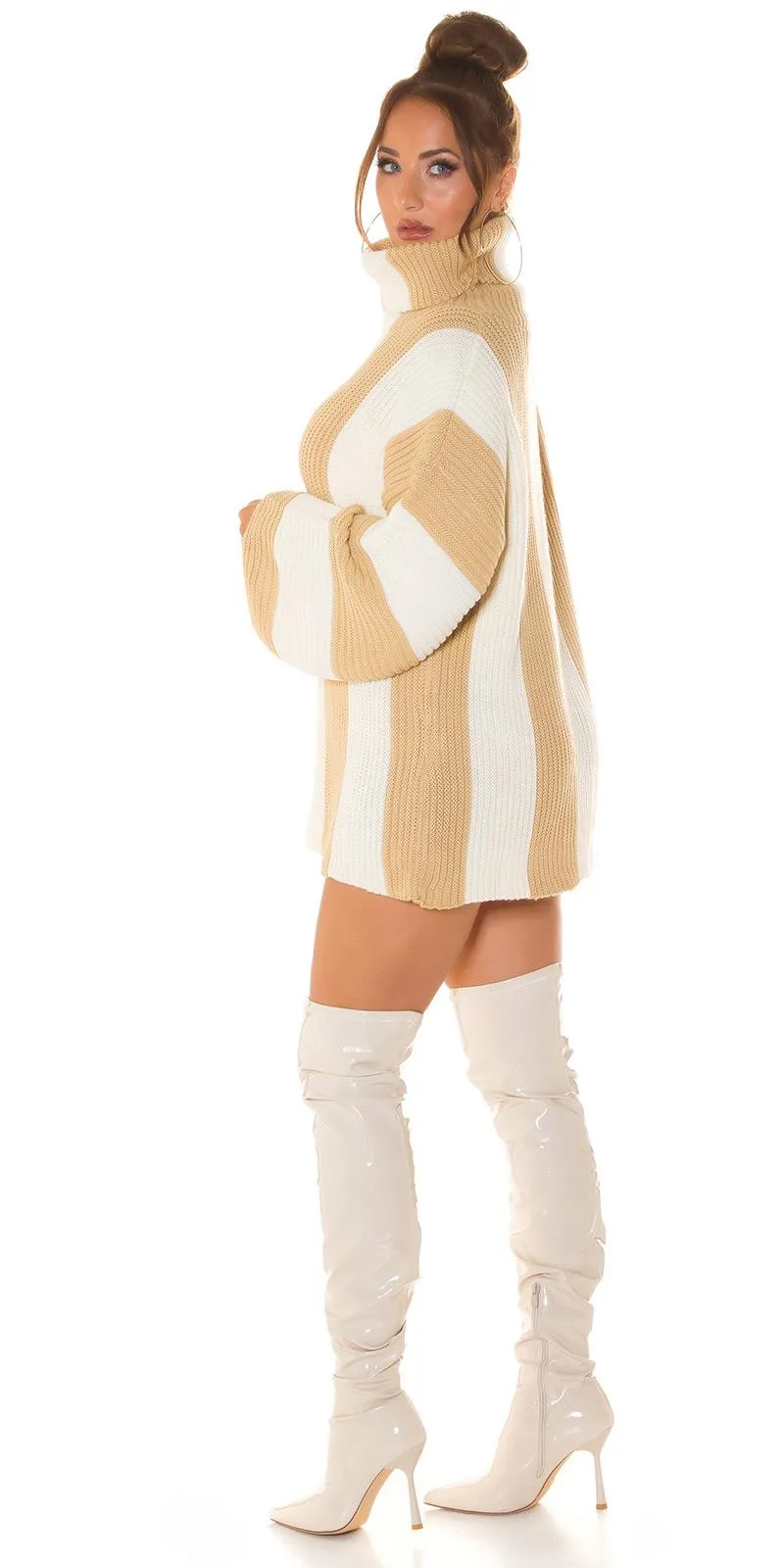 Vestido punto rayas verticales beige