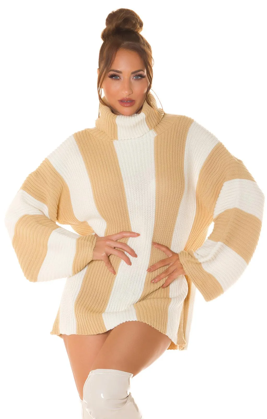 Vestido punto rayas verticales beige