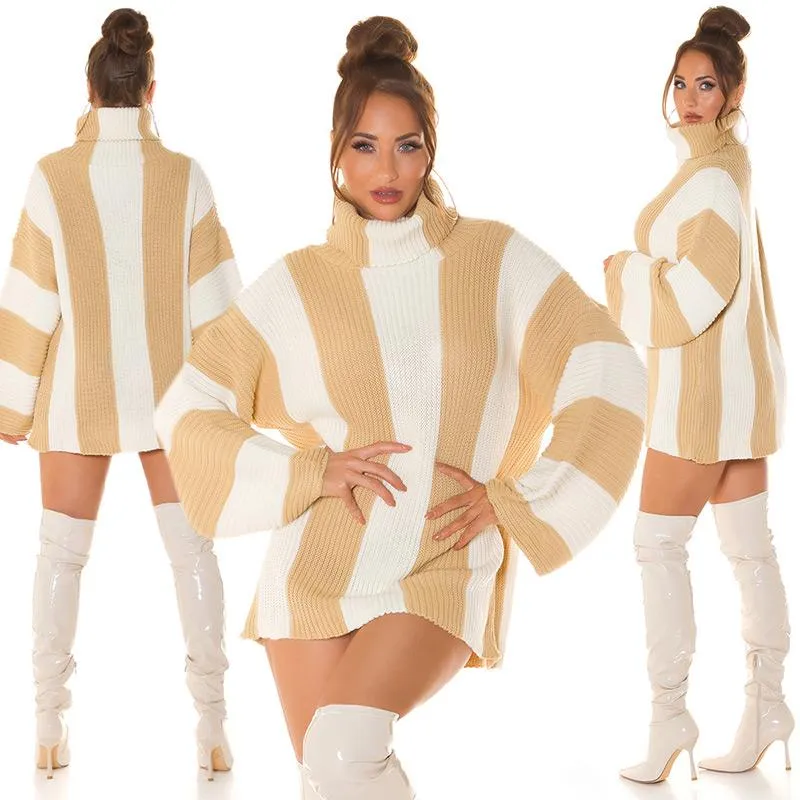 Vestido punto rayas verticales beige