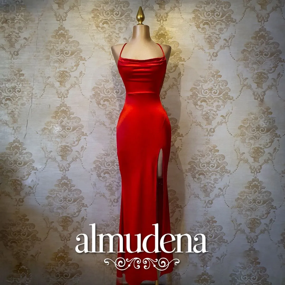 Vestido Rojo Largo Satinado De Gala Sin Espalda